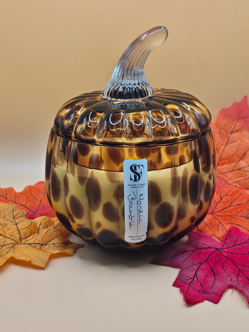 Amber Leopard Print Glass Pumpkin jar with lid