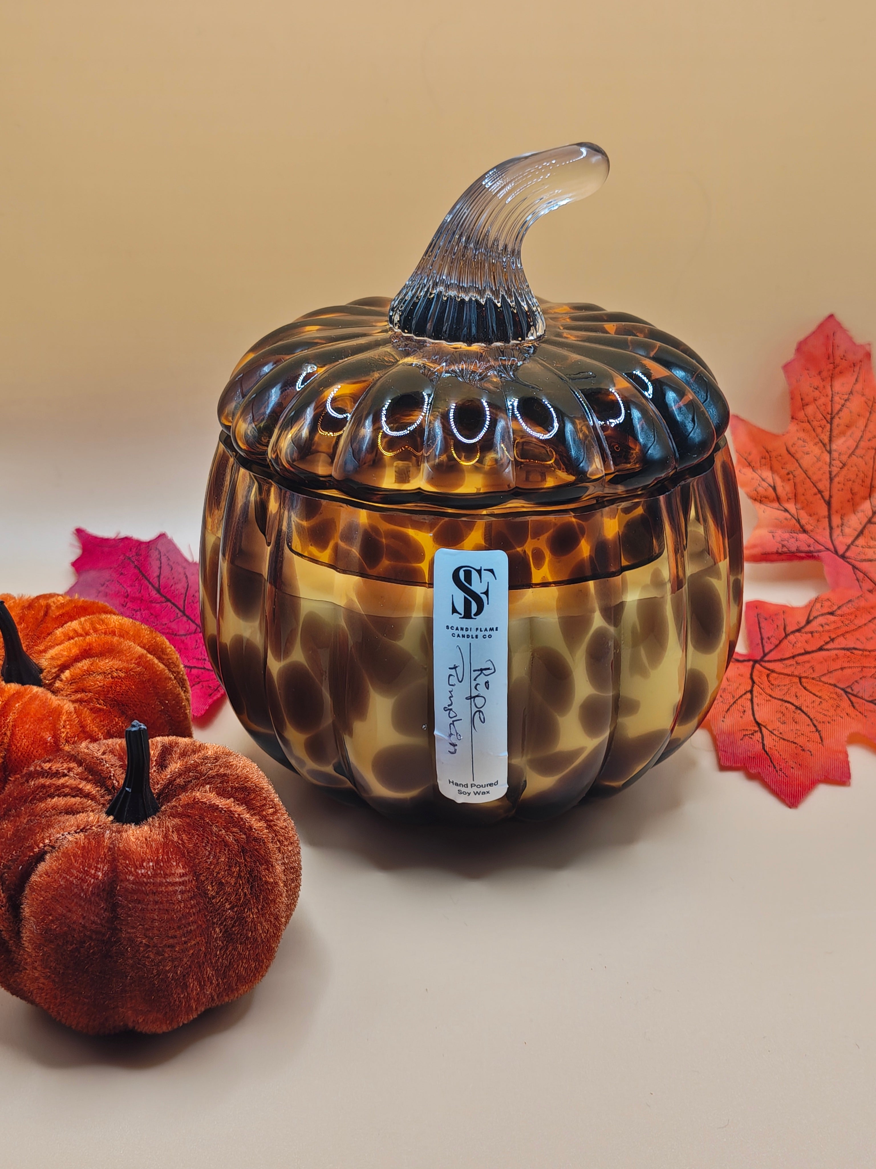 Amber Leopard Print Glass Pumpkin jar with lid