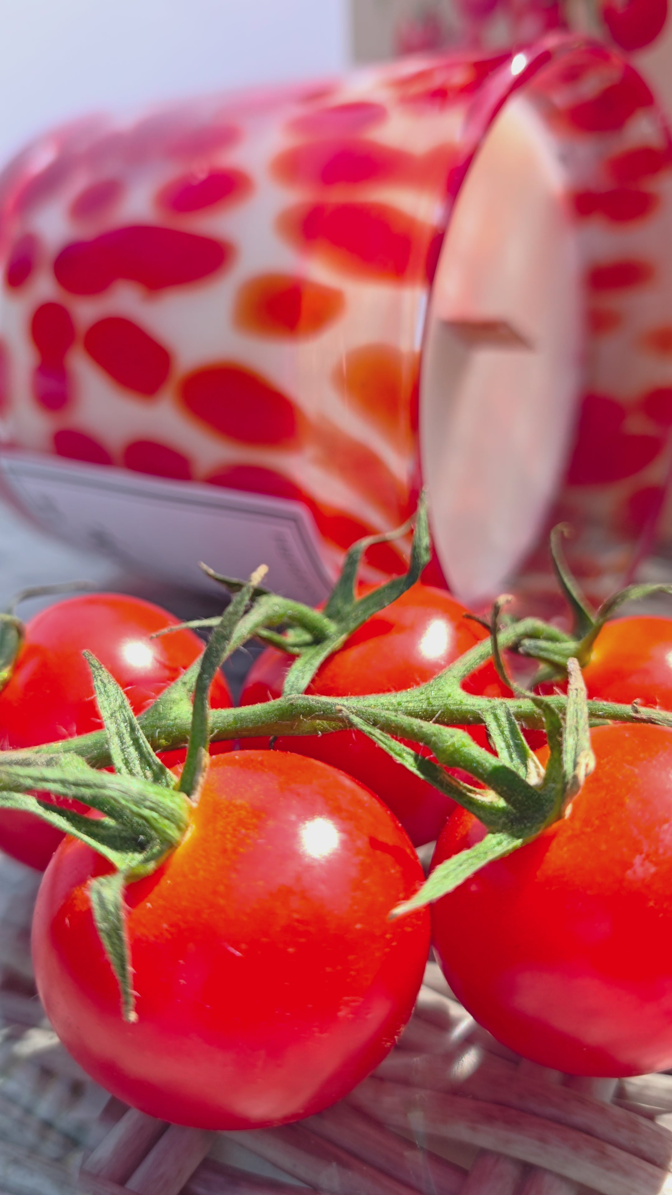 video of red speckled jar Scandi Flame candles surrounded by fresh tomatoes on the vine